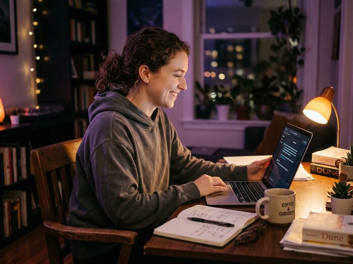 Woman smiling while testing AI prompts at her home desk