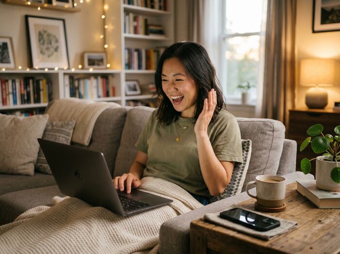Woman excited after getting instant access on her laptop