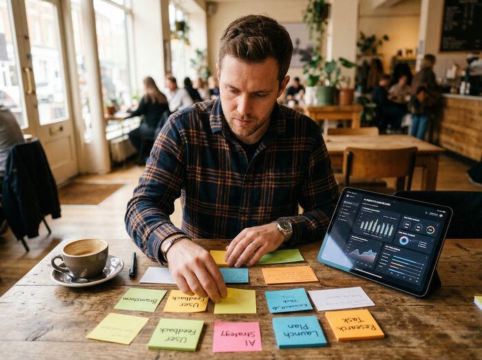 Man organizing AI workflows at a cafe