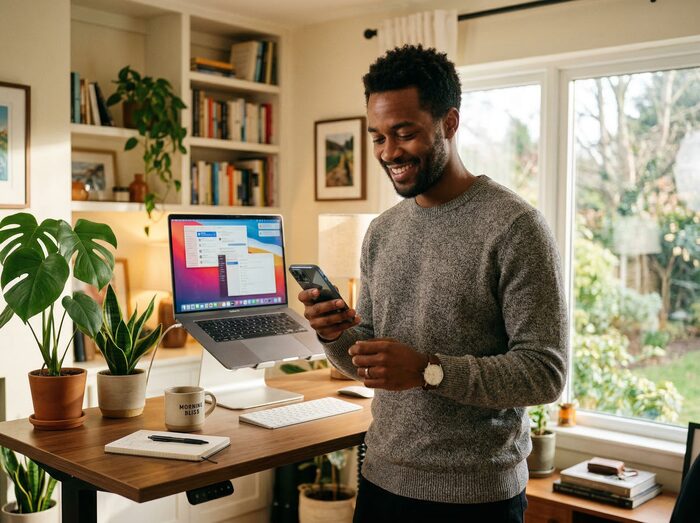 Man checking the latest updates on his phone at his standing desk